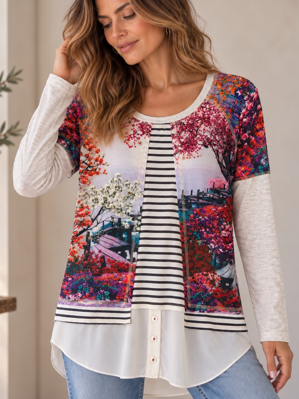 K Derhy Floral Sequin Embellished Mixed Media Tunic Top